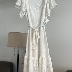London Style White Eyelet Midi Dress NWT